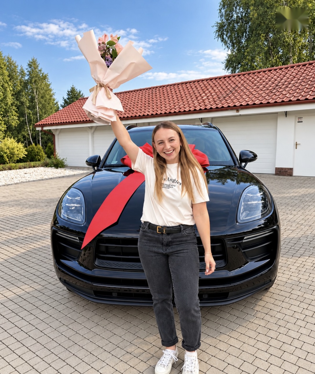 Justyna z bukietem przed swoim nowym Porsche z czerwoną kokardą